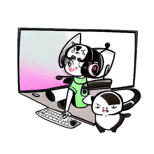 A cute and playful tattoo of a ferret wearing a headset and playing a video game on a computer screen tattoo design idea