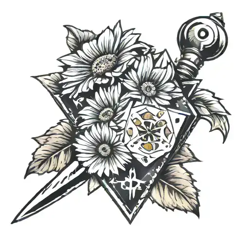 d20 dice with gerbera daisies and a knife tattoo design idea