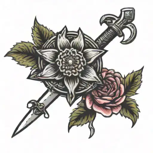 d20 with gerbera daisies and a sword piercing tattoo design idea