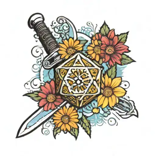 d20 dice with colorful gerbera daisies and a sword behind them tattoo design idea