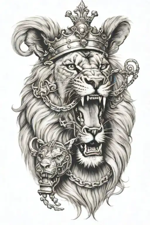 lion wearing 5 point crown while holding a great catcher in his mouth. tattoo design idea