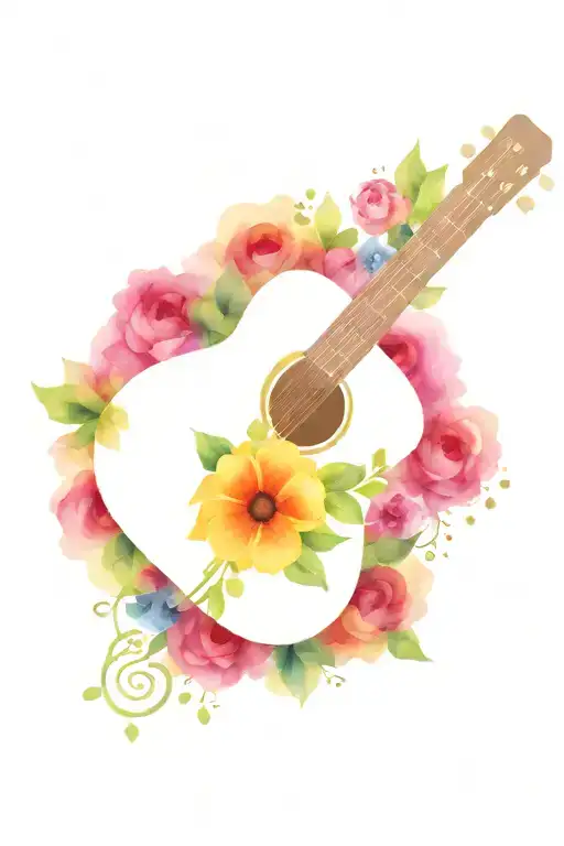 acoustic guitar with flowers sheet music and music notes around it tattoo design idea