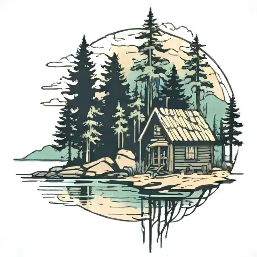 trees, lake, cabin tattoo design idea