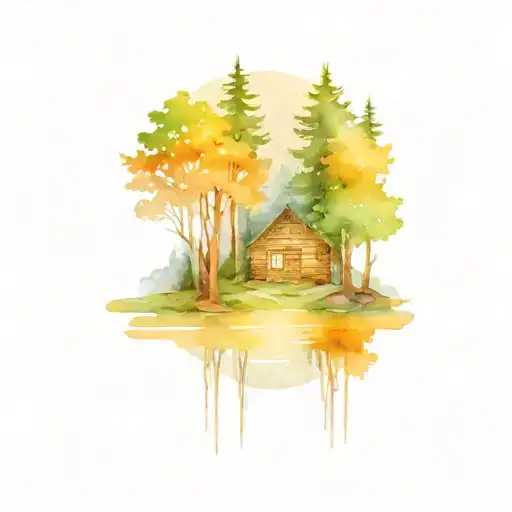 trees, lake, cabin tattoo design idea