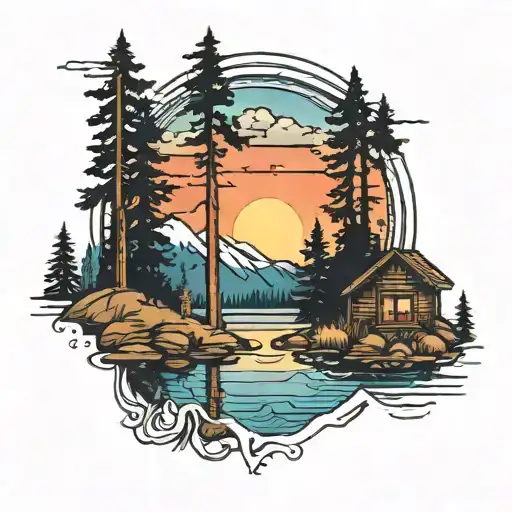 A serene landscape tattoo of a tranquil lake reflecting a stunning sunset, surrounded by towering trees and a cozy cabin in the distance tattoo design idea