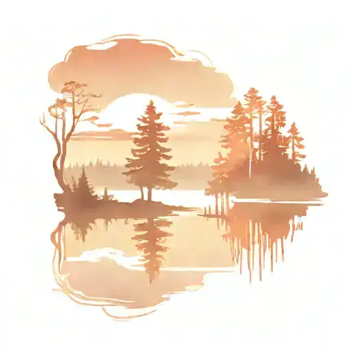 A serene landscape tattoo of a tranquil lake reflecting a stunning sunset, surrounded by towering trees and a cozy cabin in the distance tattoo design idea