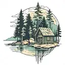 trees, lake, cabin tattoo design idea