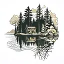 trees, lake, cabin tattoo design idea