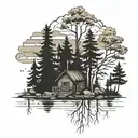 trees, lake, cabin tattoo design idea