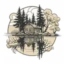 trees, lake, cabin tattoo design idea