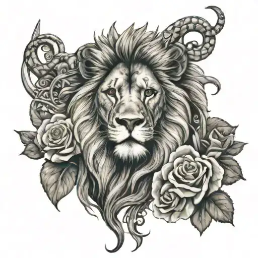 lion and with a cross snake and rose tattoo design idea