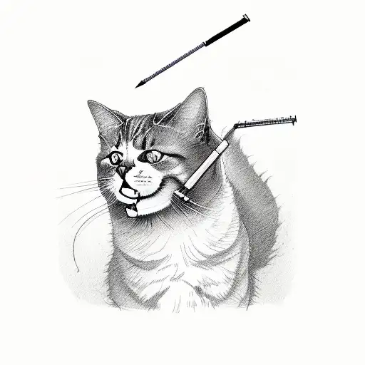 cat with needle in ear and pills in his mouth tattoo design idea