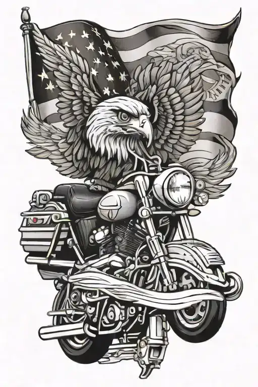 Harley DAvidson Logo with a screaming eagle on top and an american flag and a harley engine tattoo design idea