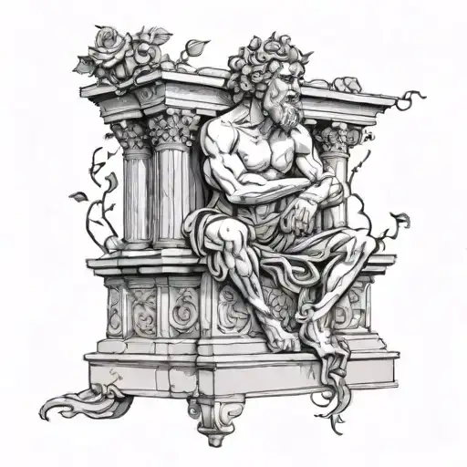 a statue on its knees sculpting itself, on top of a platform of baroque architecture with roots and roses tattoo design idea