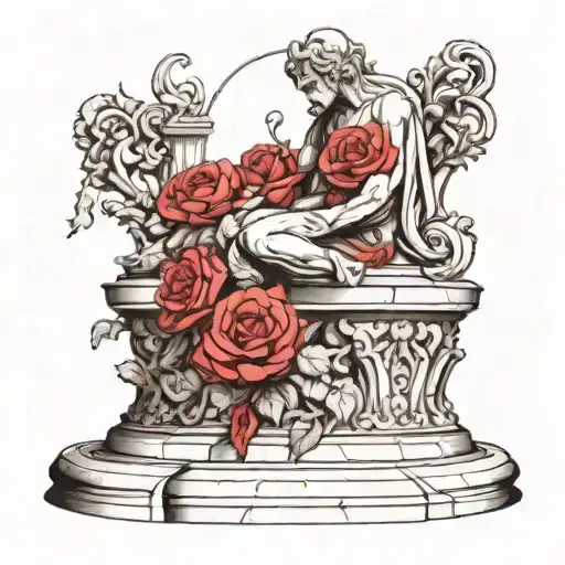 a statue on its knees sculpting itself, with roses on top of a platform of baroque architecture tattoo design idea