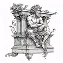 a statue on its knees sculpting itself, on top of a platform of baroque architecture with roots and roses tattoo design idea