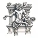 a statue on its knees sculpting itself, on top of a platform of baroque architecture with roots and roses tattoo design idea