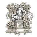 a statue on its knees sculpting itself, on top of a platform of baroque architecture with roots and roses tattoo design idea