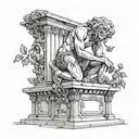 a statue on its knees sculpting itself, on top of a platform of baroque architecture with roots and roses tattoo design idea
