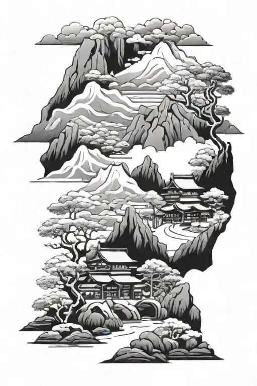 Japanese village nestled in the mountains tattoo design idea