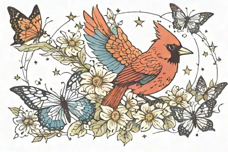 A cardinal, dragonfly, and butterfly forming a celestial constellation, with flowers scattered throughout tattoo design idea