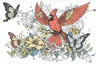 A cardinal, dragonfly, and butterfly forming a celestial constellation, with flowers scattered throughout tattoo design idea