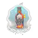 leaking potion bottle with a brain inside. With the label: dopamine tattoo design idea