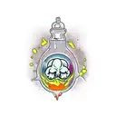leaking potion bottle with a brain inside. With the label: dopamine tattoo design idea