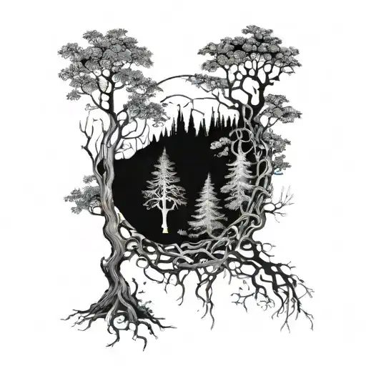 A mystical forest with looming shadows and hidden dangers, reflecting the idea of the reckoning tattoo design idea