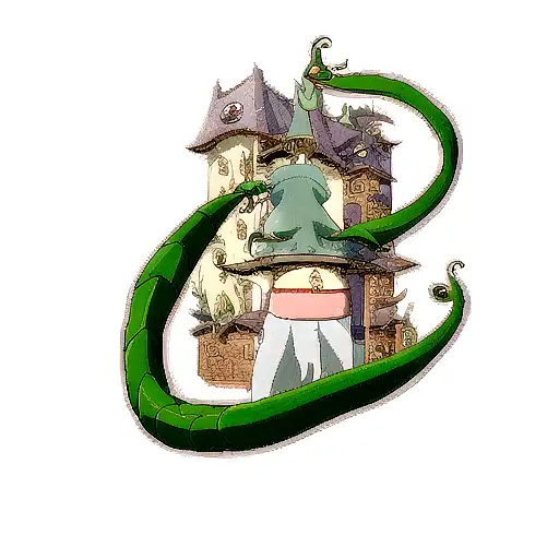 curve and long dragon , ghibli studio, fine line tattoo design idea
