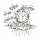 Surreal scene of a melting clock surrounded by psychedelic mushrooms tattoo design idea