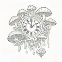 Surreal scene of a melting clock surrounded by psychedelic mushrooms tattoo design idea