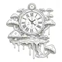 Surreal scene of a melting clock surrounded by psychedelic mushrooms tattoo design idea