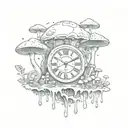Surreal scene of a melting clock surrounded by psychedelic mushrooms tattoo design idea
