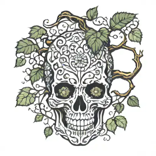 mandela pattern skull of the dead tree with creeping vines tattoo design idea