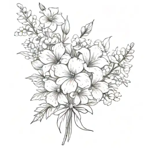 fine line minimal delicate flower bouquet made of larkspur, gladiolus, aster, poppy, and chrysantheum tied with a bow tattoo design idea