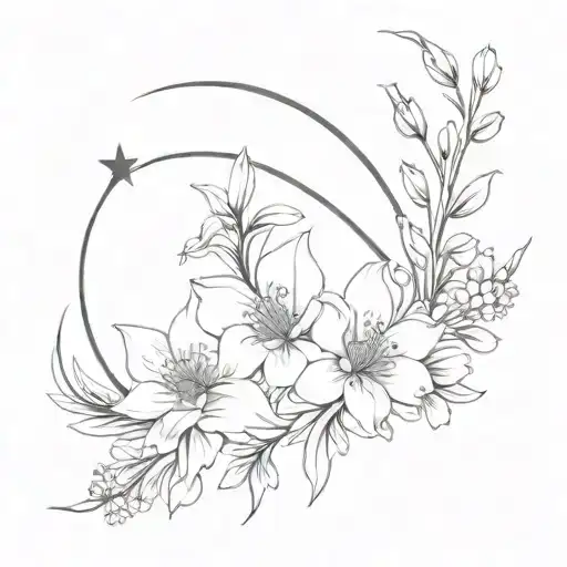 Delicate flower bouquet with larkspur, gladiolus, and chrysanthemum with bow around stems in front of crescent moon. tattoo design idea