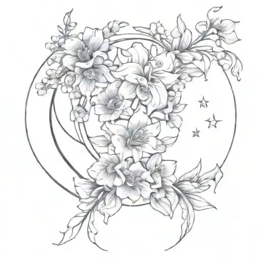 Delicate flower bouquet with larkspur, gladiolus, and chrysanthemum with bow in front of waxing crescent moon and stars. tattoo design idea