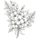 fine line minimal delicate flower bouquet made of larkspur, gladiolus, aster, poppy, and chrysantheum tied with a bow tattoo design idea