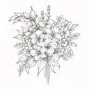 fine line minimal delicate flower bouquet made of larkspur, gladiolus, aster, poppy, and chrysantheum tied with a bow tattoo design idea