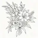 fine line minimal delicate flower bouquet made of larkspur, gladiolus, aster, poppy, and chrysantheum tied with a bow tattoo design idea