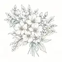 fine line minimal delicate flower bouquet made of larkspur, gladiolus, aster, poppy, and chrysantheum tied with a bow tattoo design idea