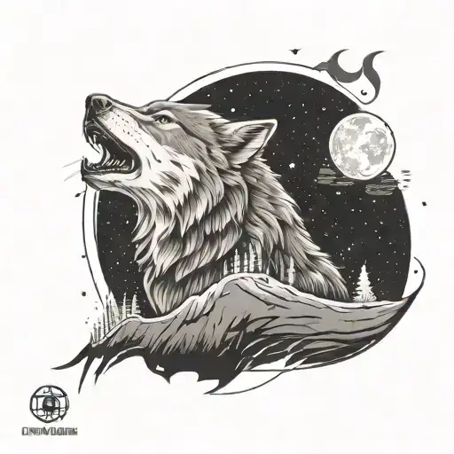A tattoo design of a lone wolf howling at the moon, with electrical bolts emanating from its body, symbolizing the client's favorite things of a guardian angel and a lone wolf in solitude tattoo design idea