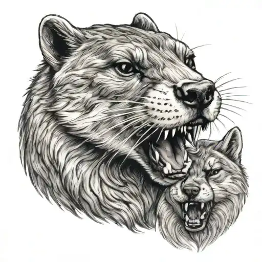 angry otter head with a baby wolf tattoo design idea