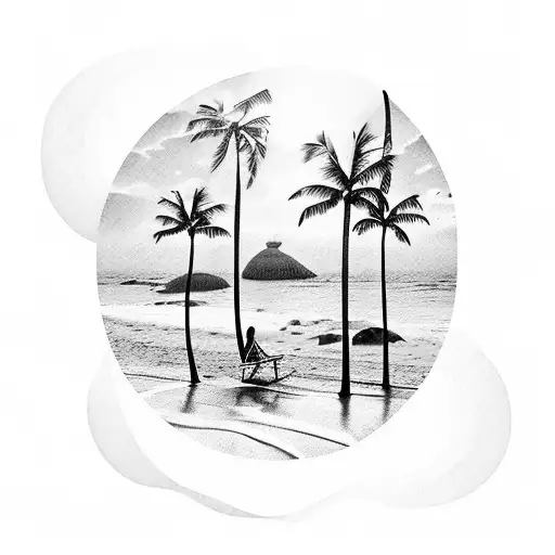 A serene beach scene with palm trees and crashing waves tattoo design idea