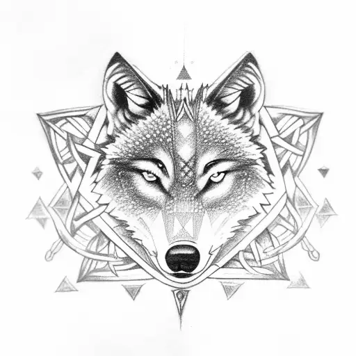 a wolf with the valknut symbol on the chest and the vegvisir symbol on the forehead chained by two three-eyed ravens tattoo design idea