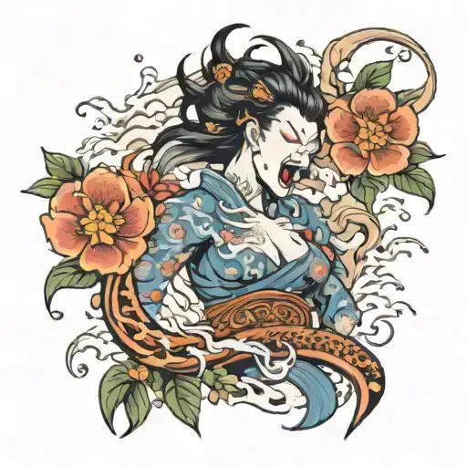 Banshee screaming with air and Sakura flowers on the backround  tattoo design idea