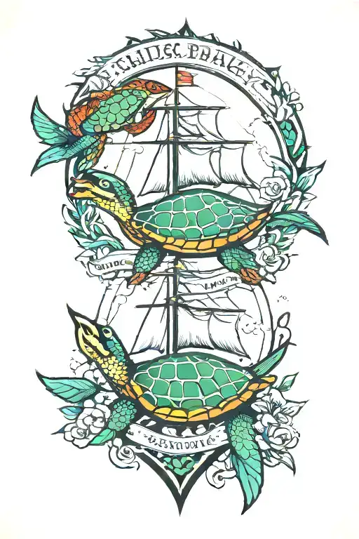 sailor jerry style tattoo with 2 swallows, an anchor and a emerald green shellback turtle tattoo design idea