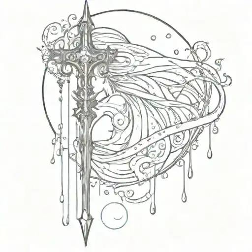 A mystical scene of a trident piercing through a veil of mystery with water droplets cascading down tattoo design idea