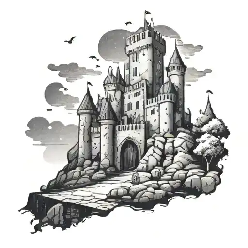 medieval castle behind street of dead with night sky tattoo design idea